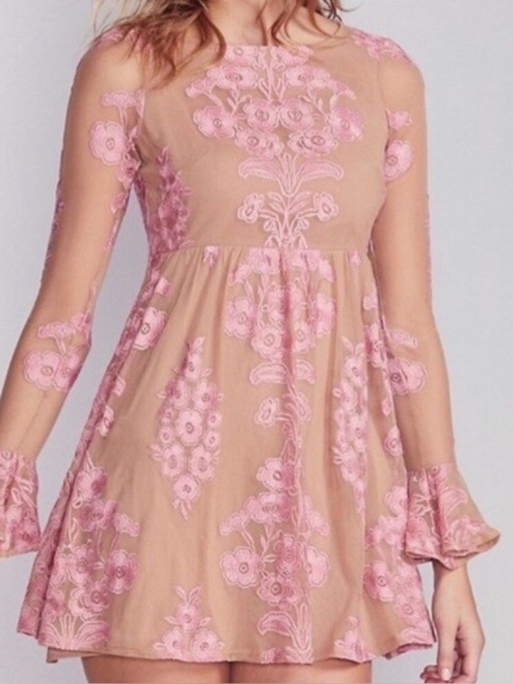 For Love & Lemons Temecula Lace Embroidered Mini Dress Pink/Tan. Size XS